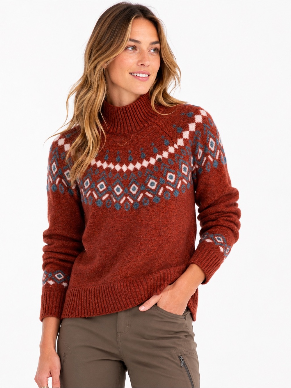 KÜHL Nordic Fair Isle Mock Neck Wool Blend Sweater Rust Alpine Cozy Size Small